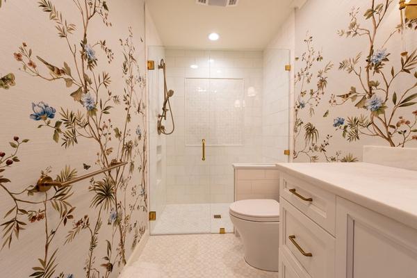 bathroom wallpaper above tile